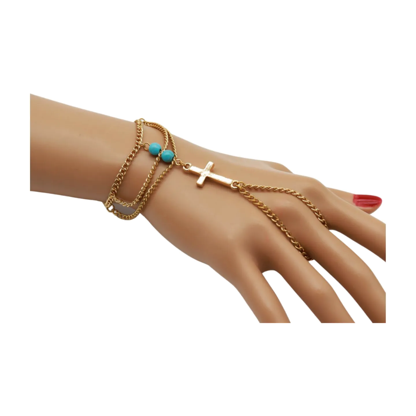 Gold Metal Hand Chain Bracelet Cross Charm Turquoise Blue Color Ring