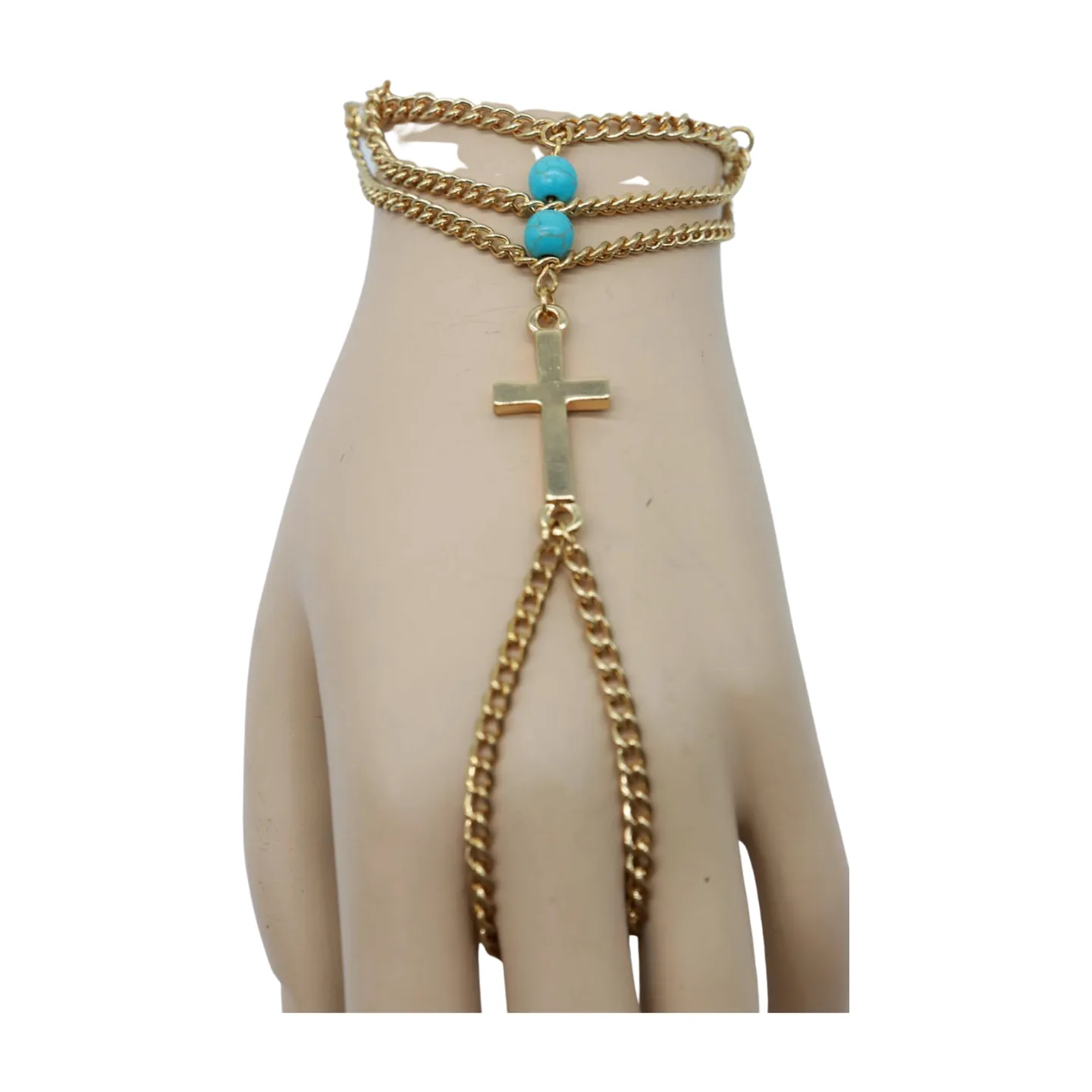 Gold Metal Hand Chain Bracelet Cross Charm Turquoise Blue Color Ring