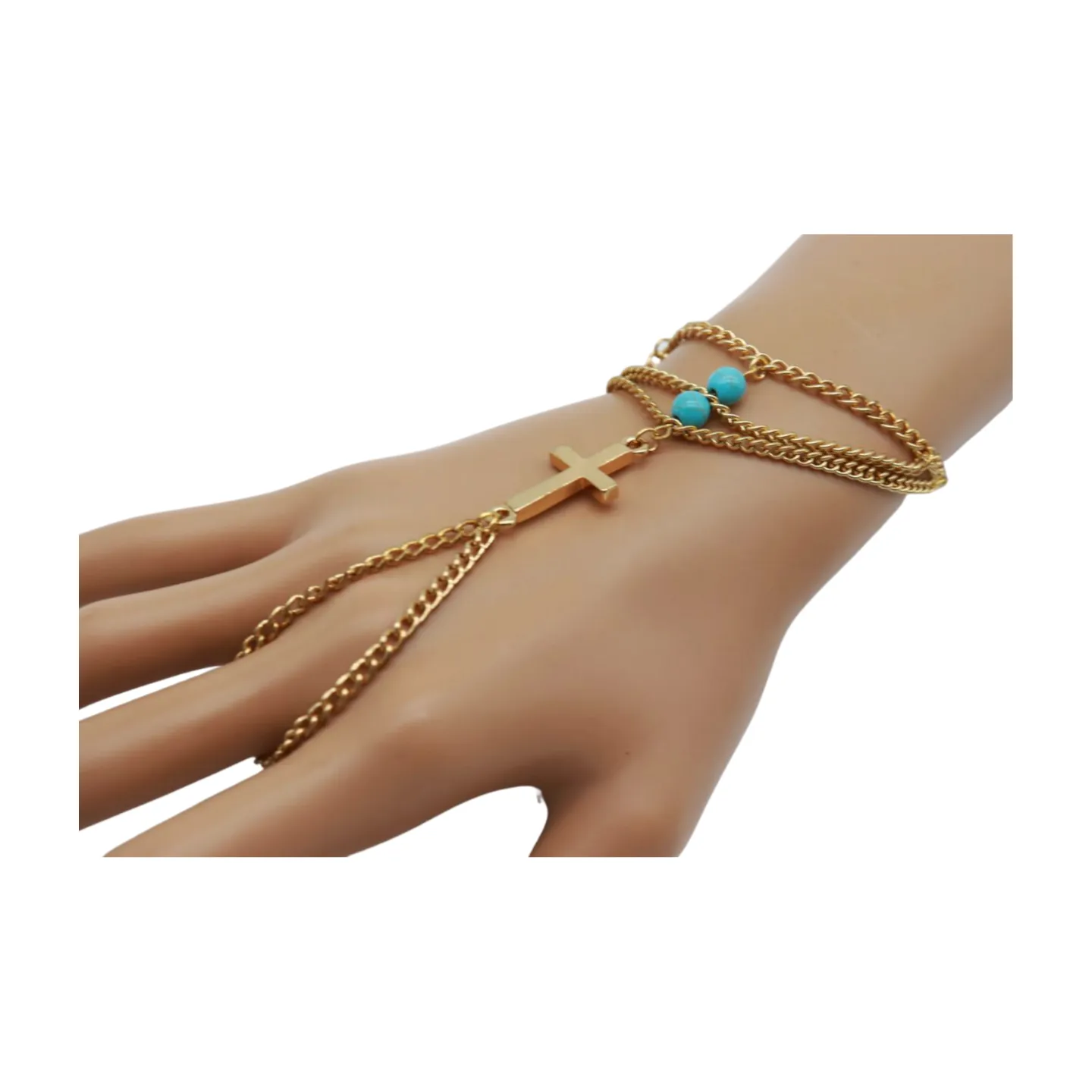 Gold Metal Hand Chain Bracelet Cross Charm Turquoise Blue Color Ring