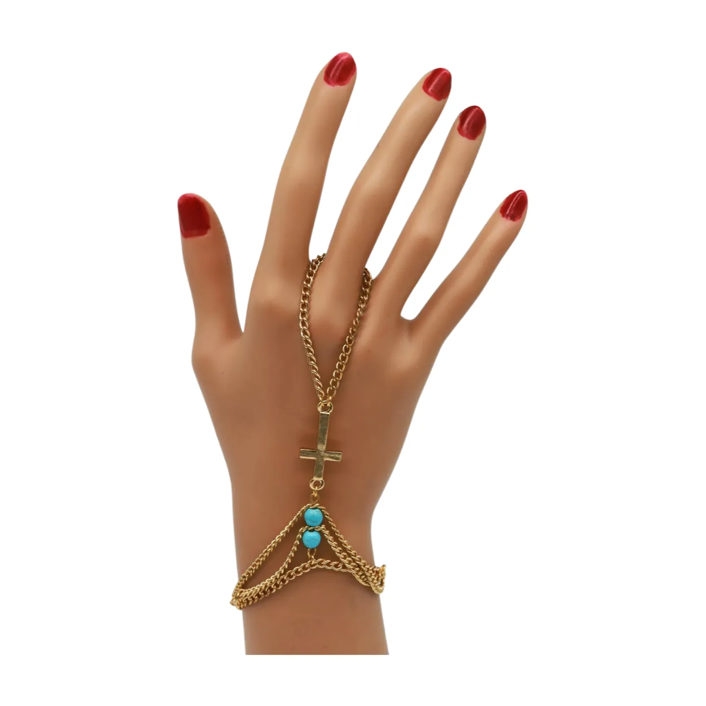 Gold Metal Hand Chain Bracelet Cross Charm Turquoise Blue Color Ring