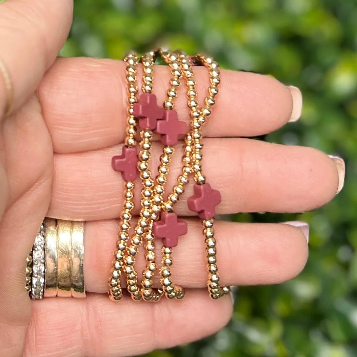 Gold with Maroon Cross Stretch Bracelet