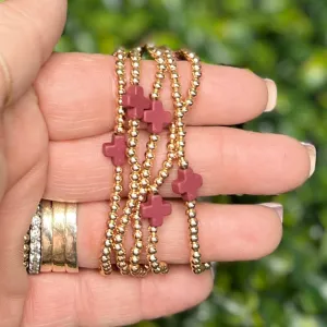 Gold with Maroon Cross Stretch Bracelet
