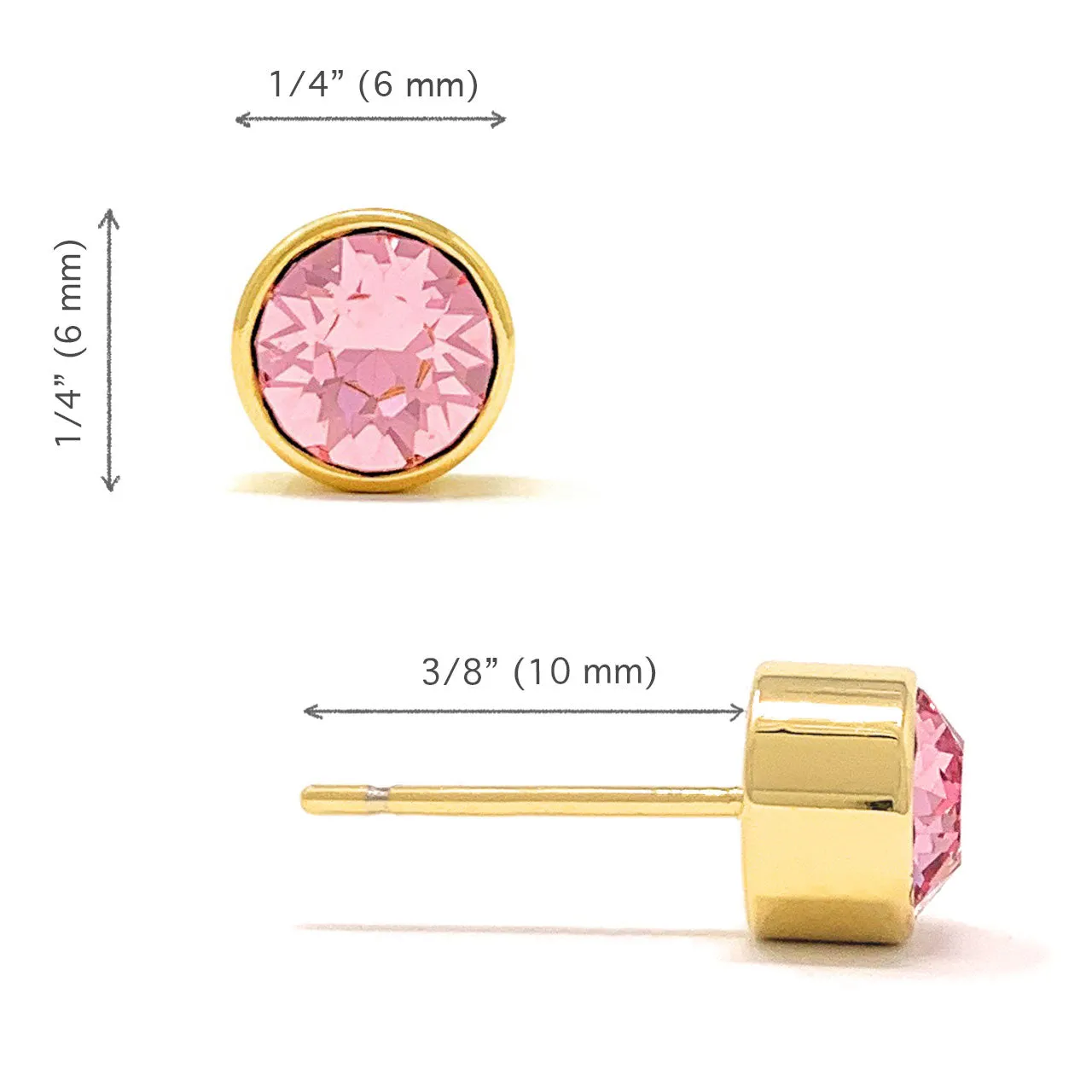 Harley Small Stud Earrings with Pink Light Rose Round Crystals from Swarovski Gold Plated
