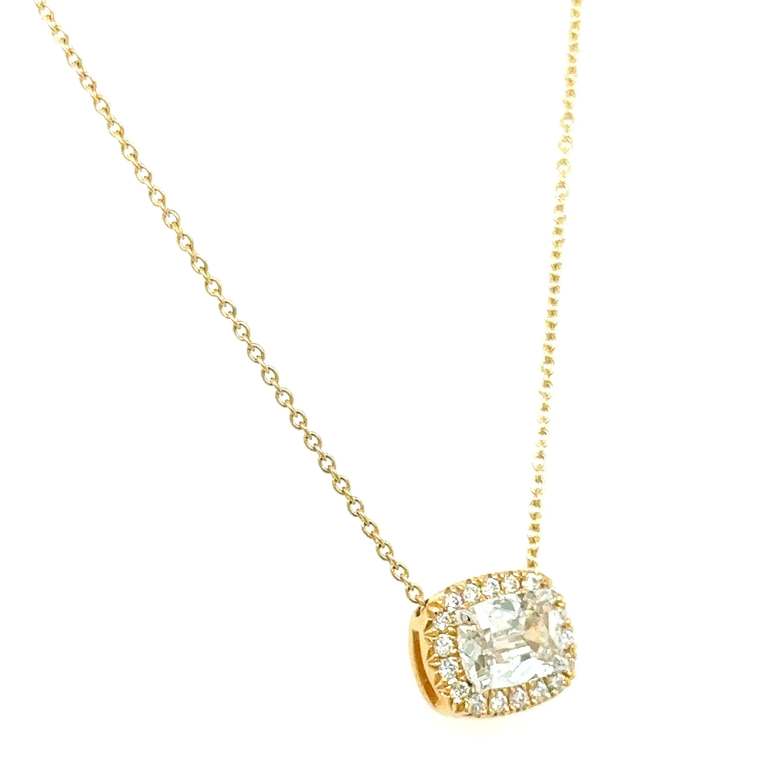 Henri Daussi Designer Signed 0.82ct t.w. Diamond Cushion Brilliant Cut Halo East - West Set Solitaire Pendant Necklace