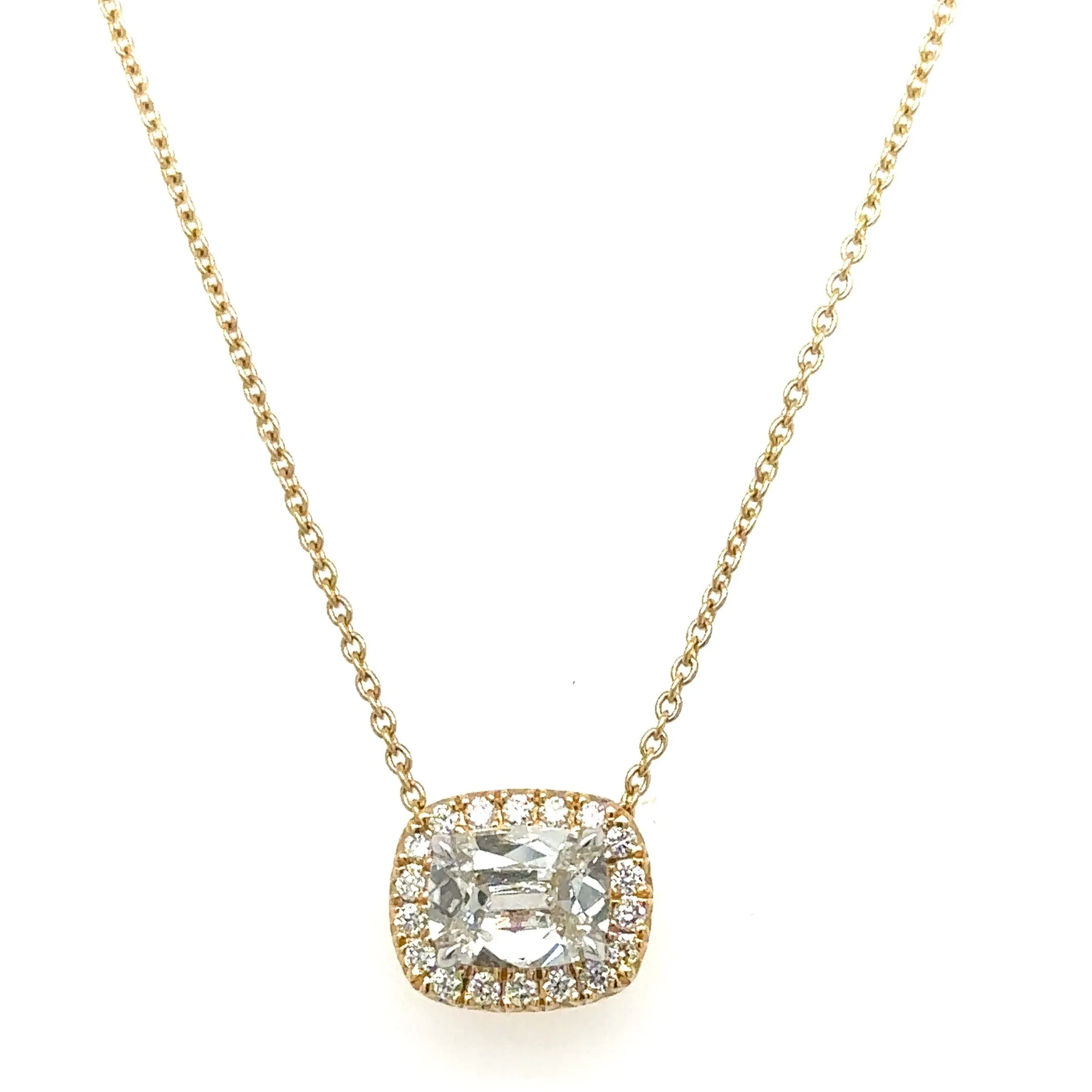 Henri Daussi Designer Signed 0.82ct t.w. Diamond Cushion Brilliant Cut Halo East - West Set Solitaire Pendant Necklace