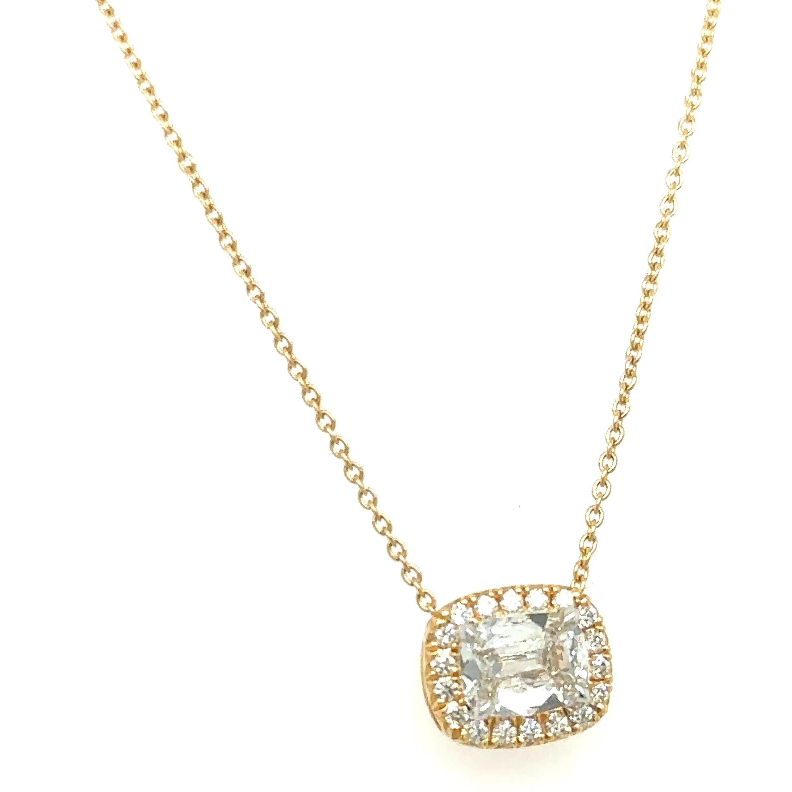 Henri Daussi Designer Signed 0.82ct t.w. Diamond Cushion Brilliant Cut Halo East - West Set Solitaire Pendant Necklace