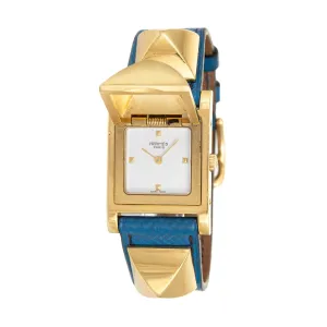 Hermes Medor Watch c1994 Blue Leather Strap Estate Fine Jewelry Pyramid Case
