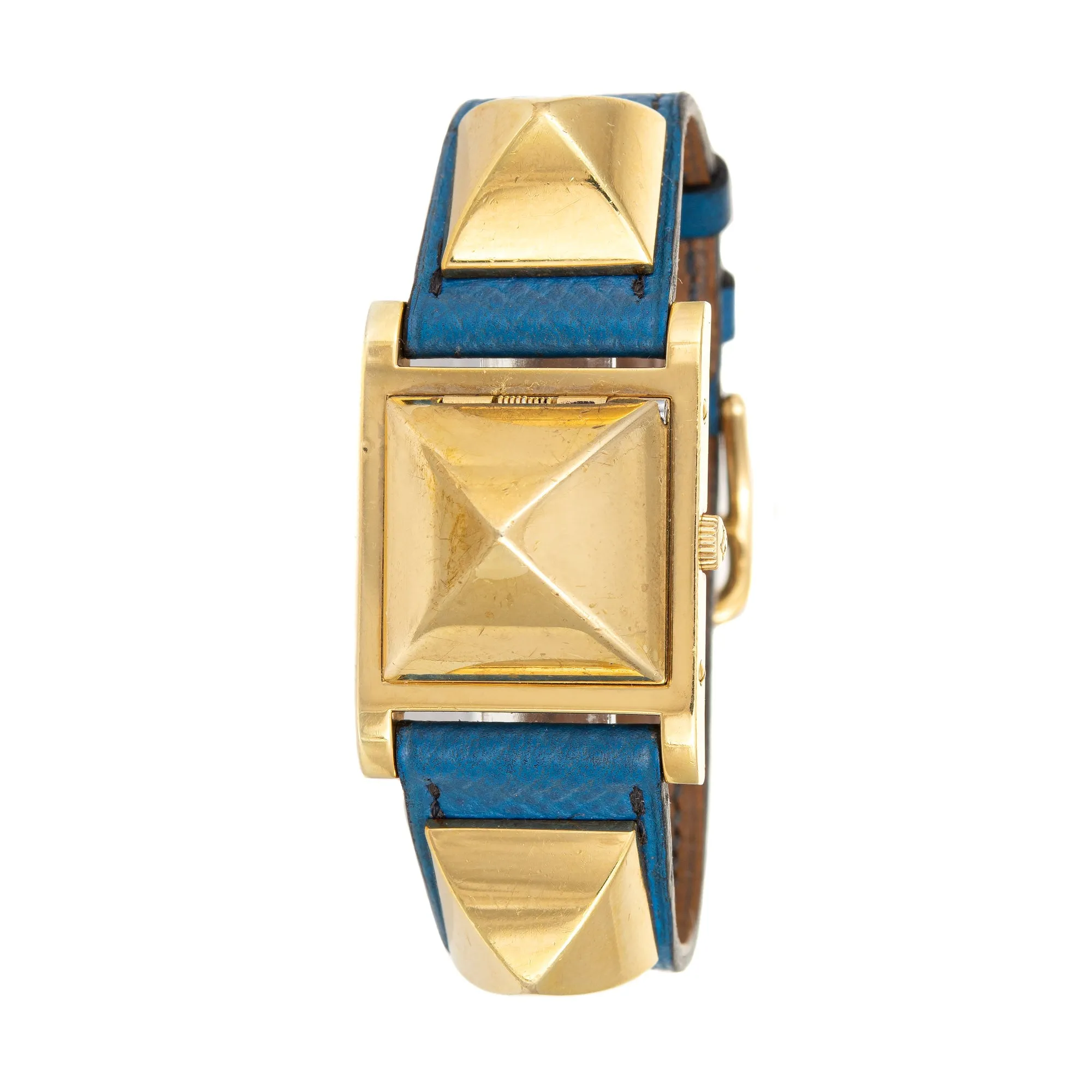 Hermes Medor Watch c1994 Blue Leather Strap Estate Fine Jewelry Pyramid Case