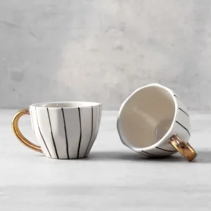Home Artisan Iris Black Vertical Striped Ceramic Cup with Golden Handle - Set of 2