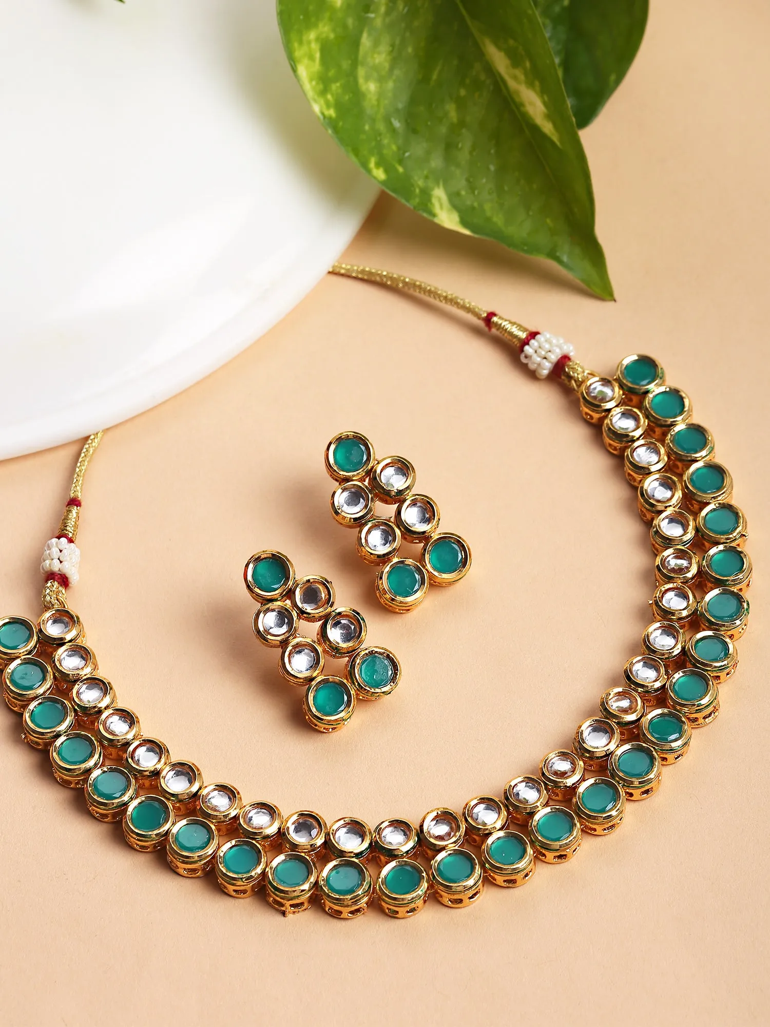 Karatcart Gold Plated Green Polki Kundan Handcrafted Necklace Set for Women