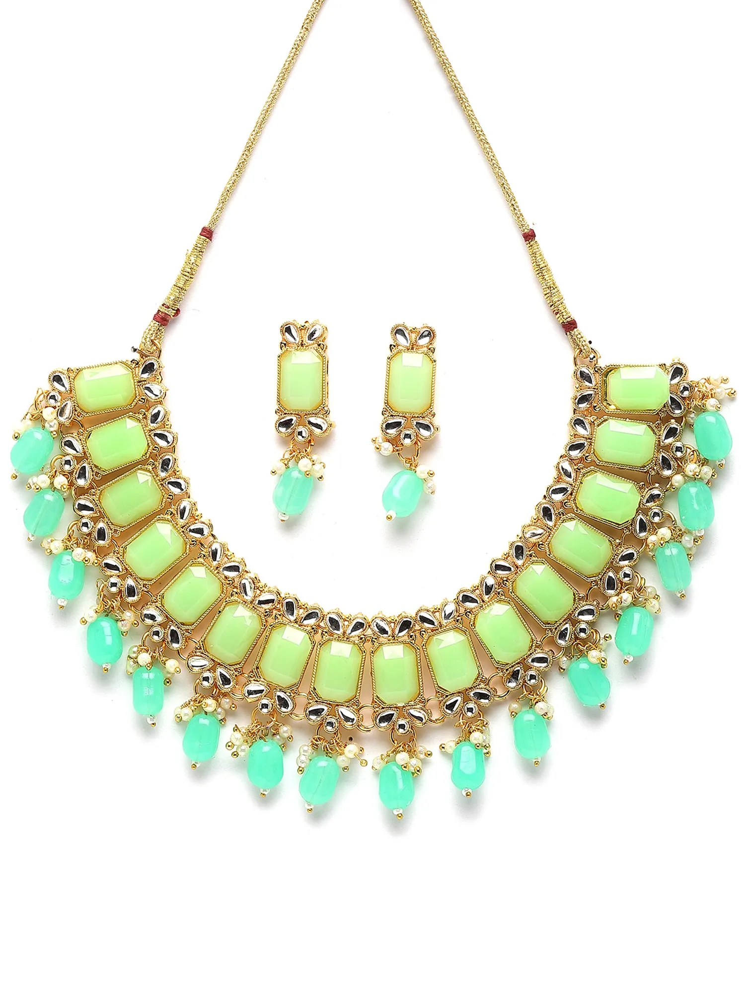 Karatcart Gold Plated Light Green Kundan and Tumble Studded Necklace Set for Women