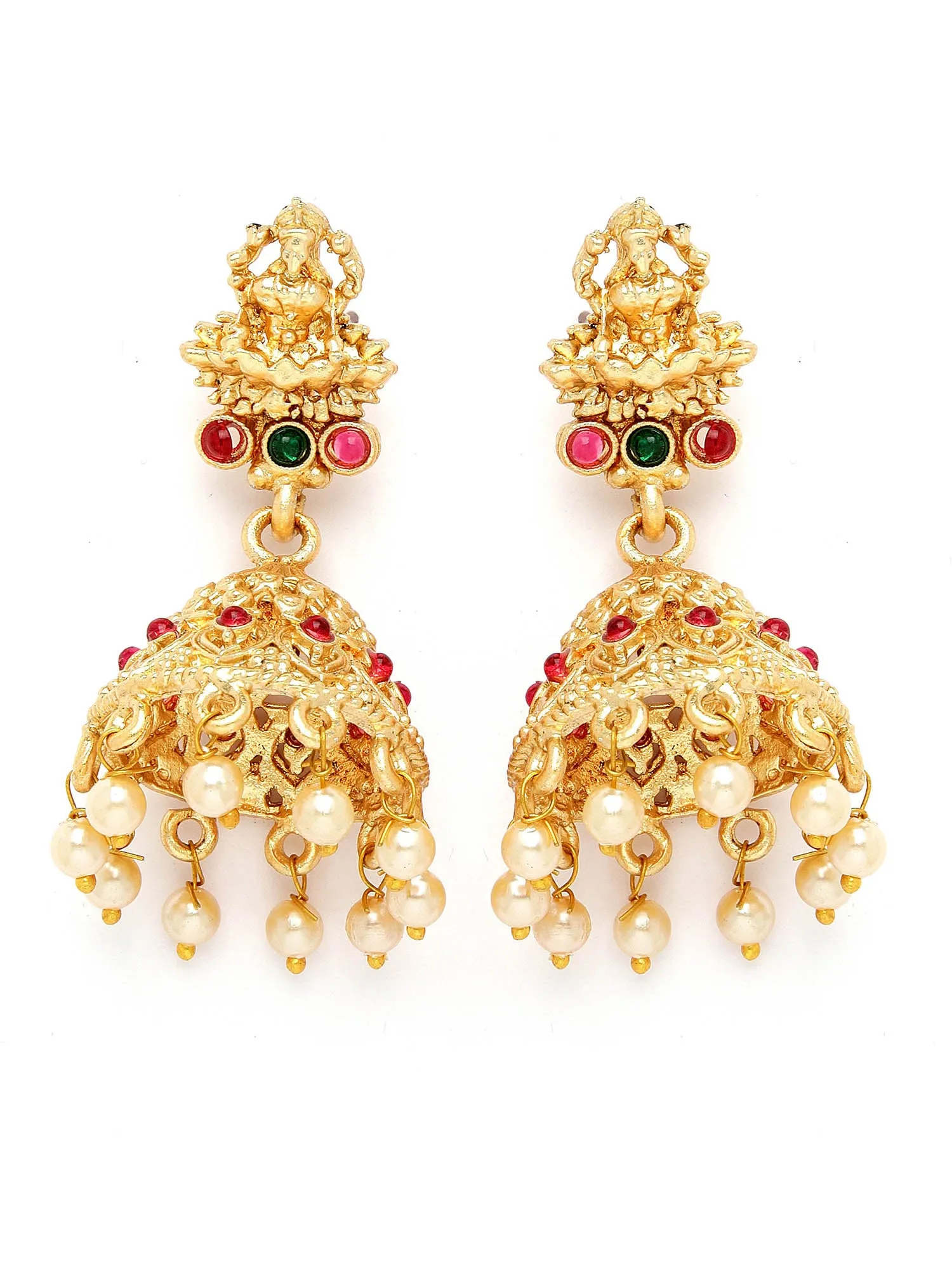 Karatcart Gold-Plated Red & Green Stone Studded & Beaded Temple Jewellery Set