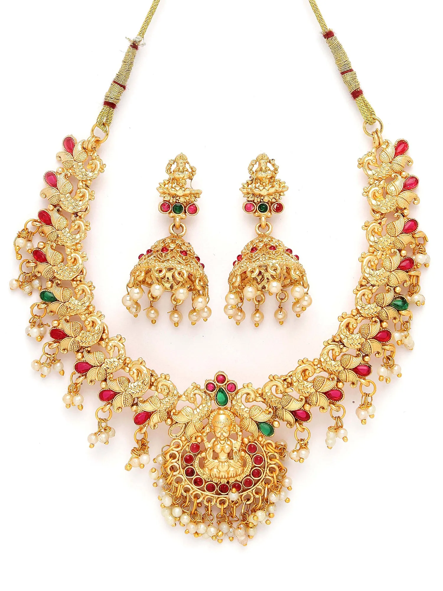 Karatcart Gold-Plated Red & Green Stone Studded & Beaded Temple Jewellery Set