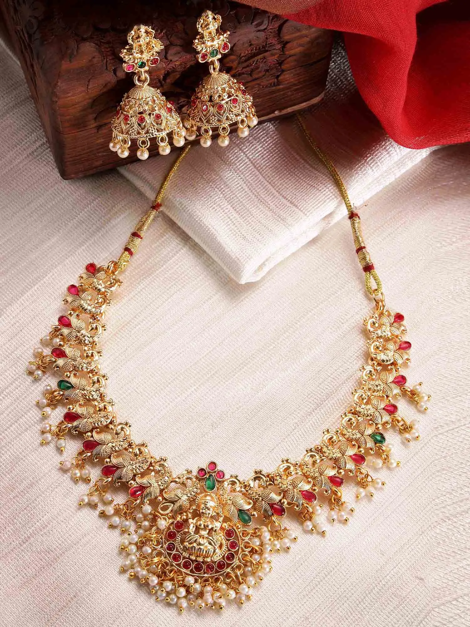 Karatcart Gold-Plated Red & Green Stone Studded & Beaded Temple Jewellery Set