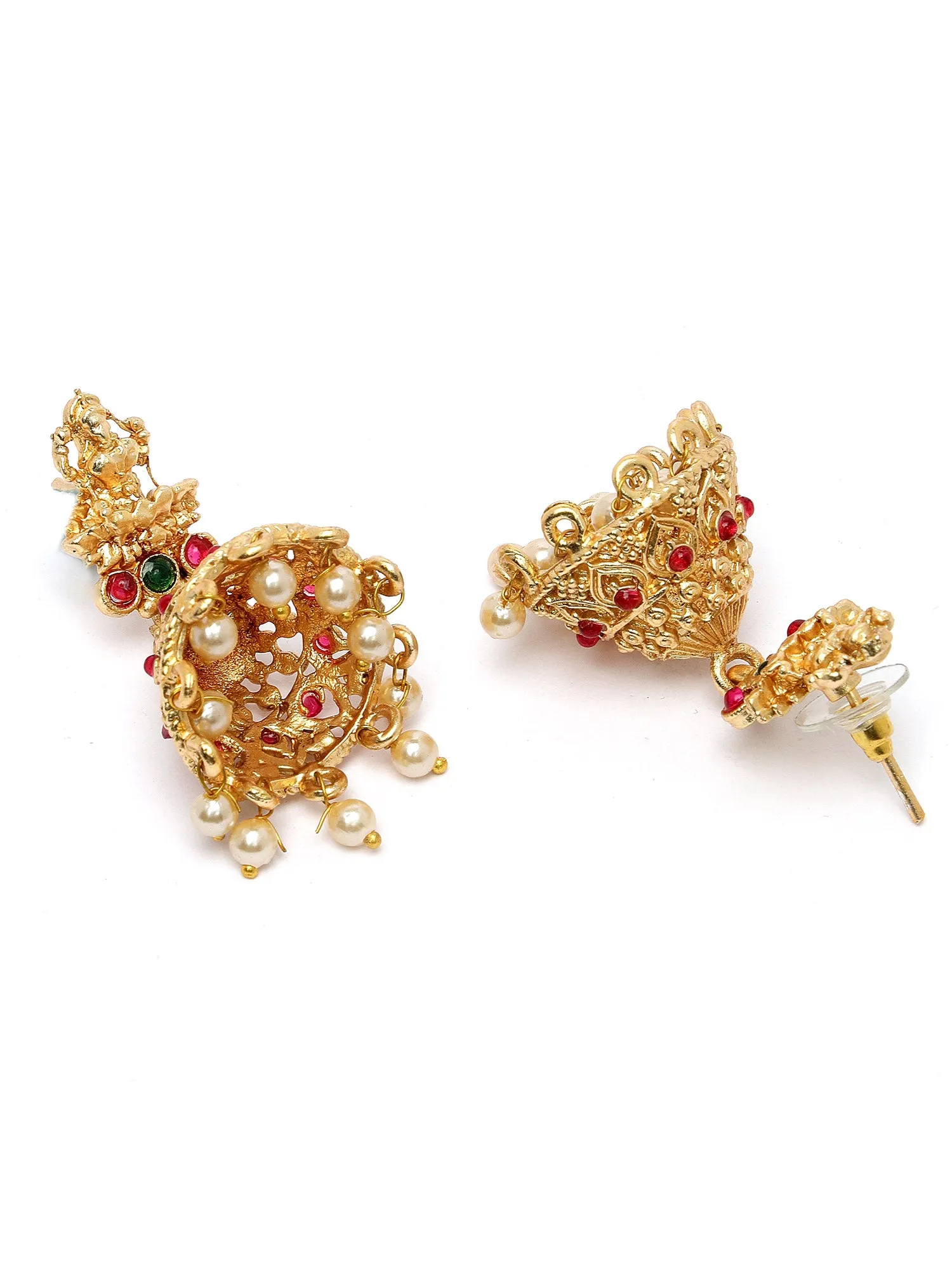 Karatcart Gold-Plated Red & Green Stone Studded & Beaded Temple Jewellery Set