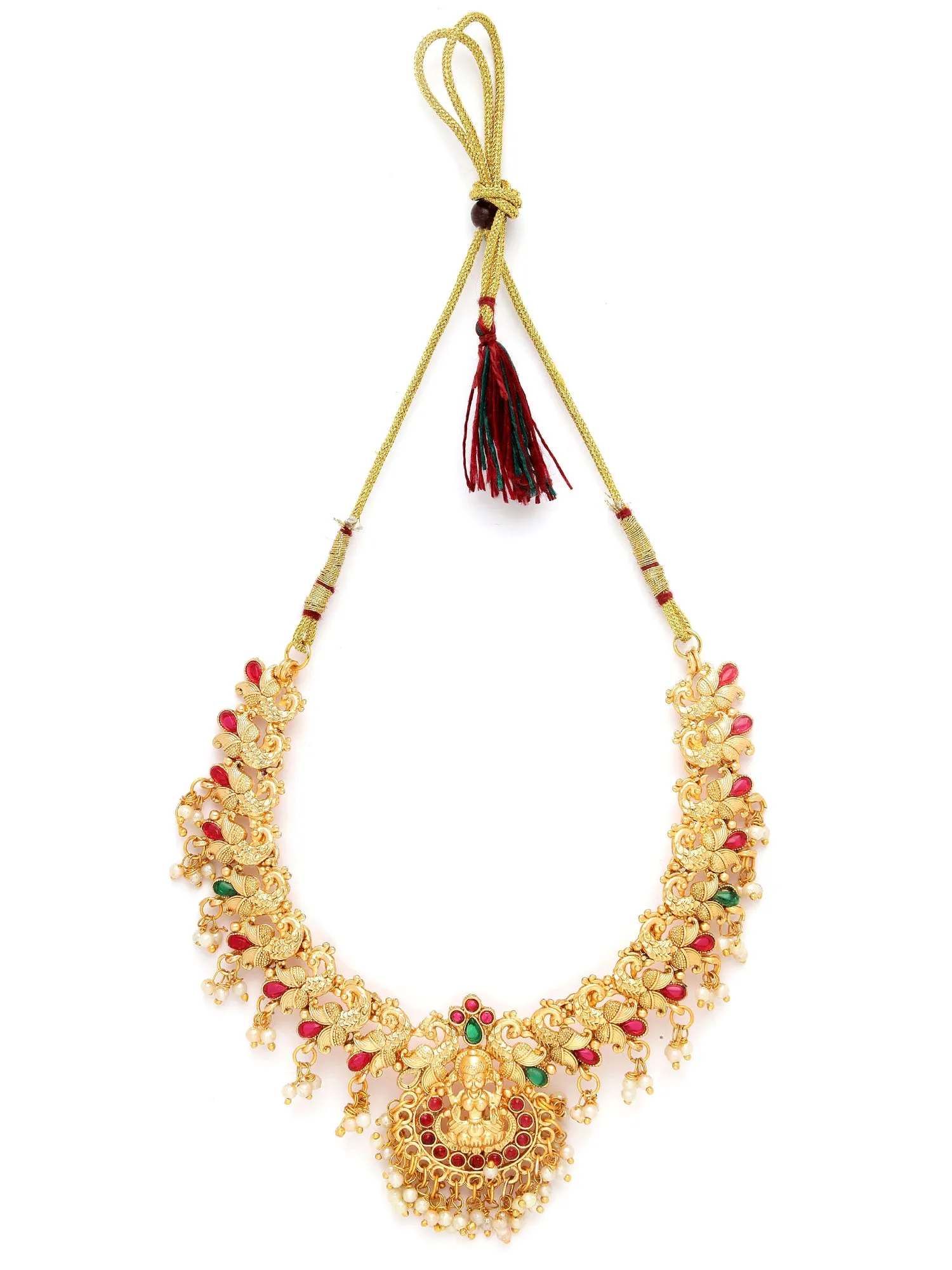 Karatcart Gold-Plated Red & Green Stone Studded & Beaded Temple Jewellery Set