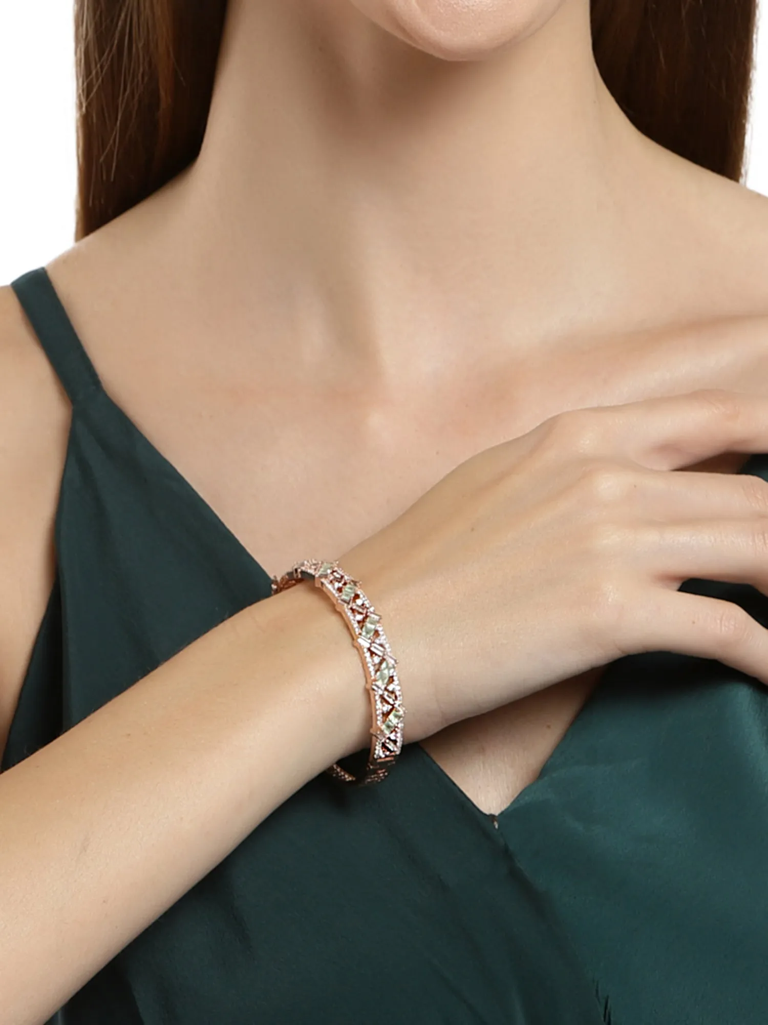 Karatcart Rose Gold Plated Light Green CZ and American Diamond Studded Bracelet for Women