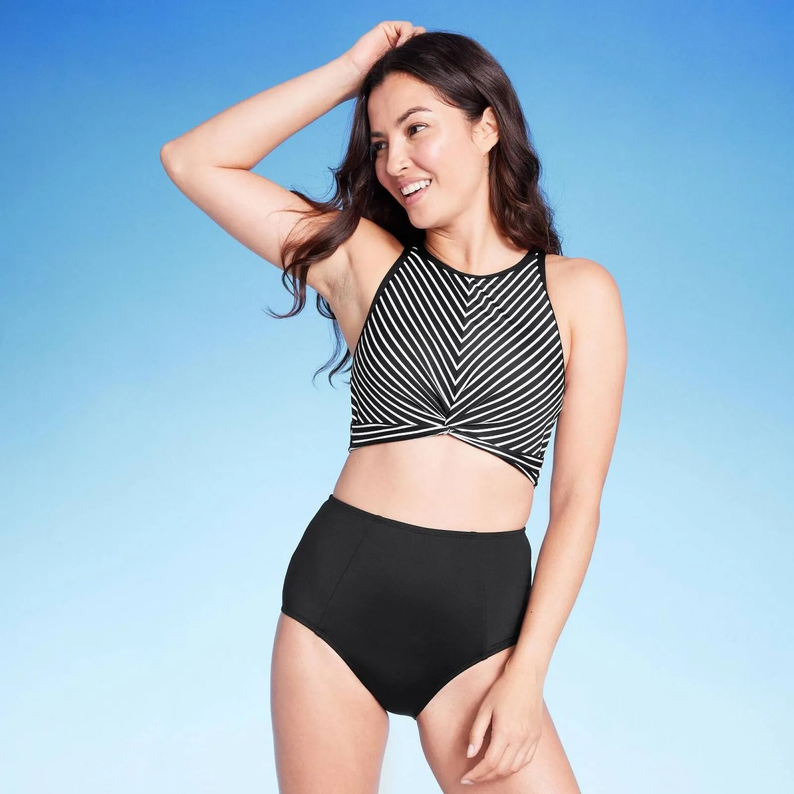 Kona Sol Women's Longline Twist Bikini Top Black Striped L