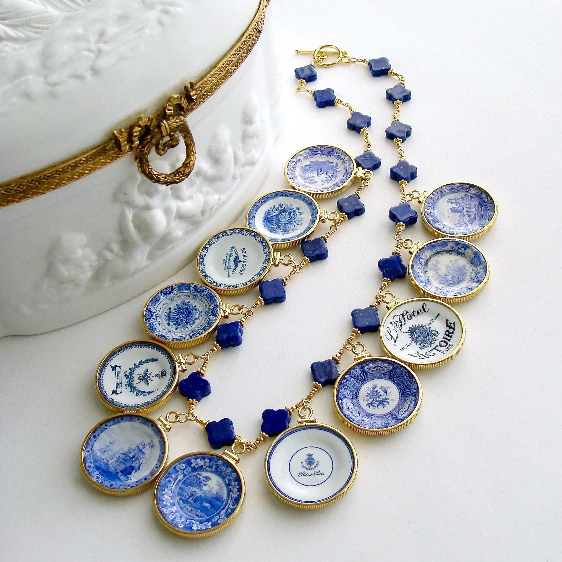 Lapis Quatrefoils Miniature Plates Charm Necklace - China Doll Blue White Necklace