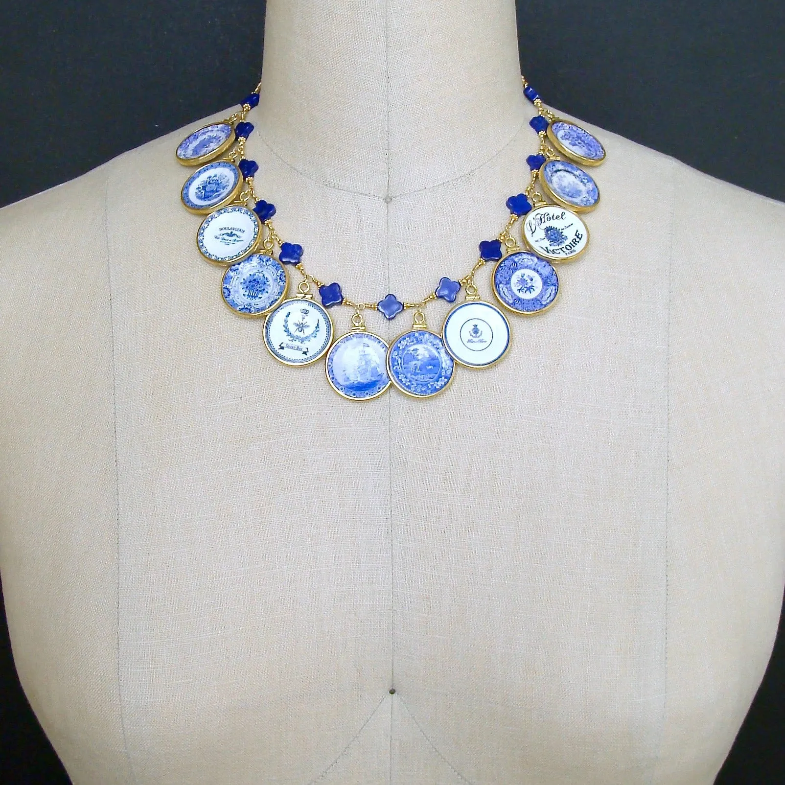 Lapis Quatrefoils Miniature Plates Charm Necklace - China Doll Blue White Necklace