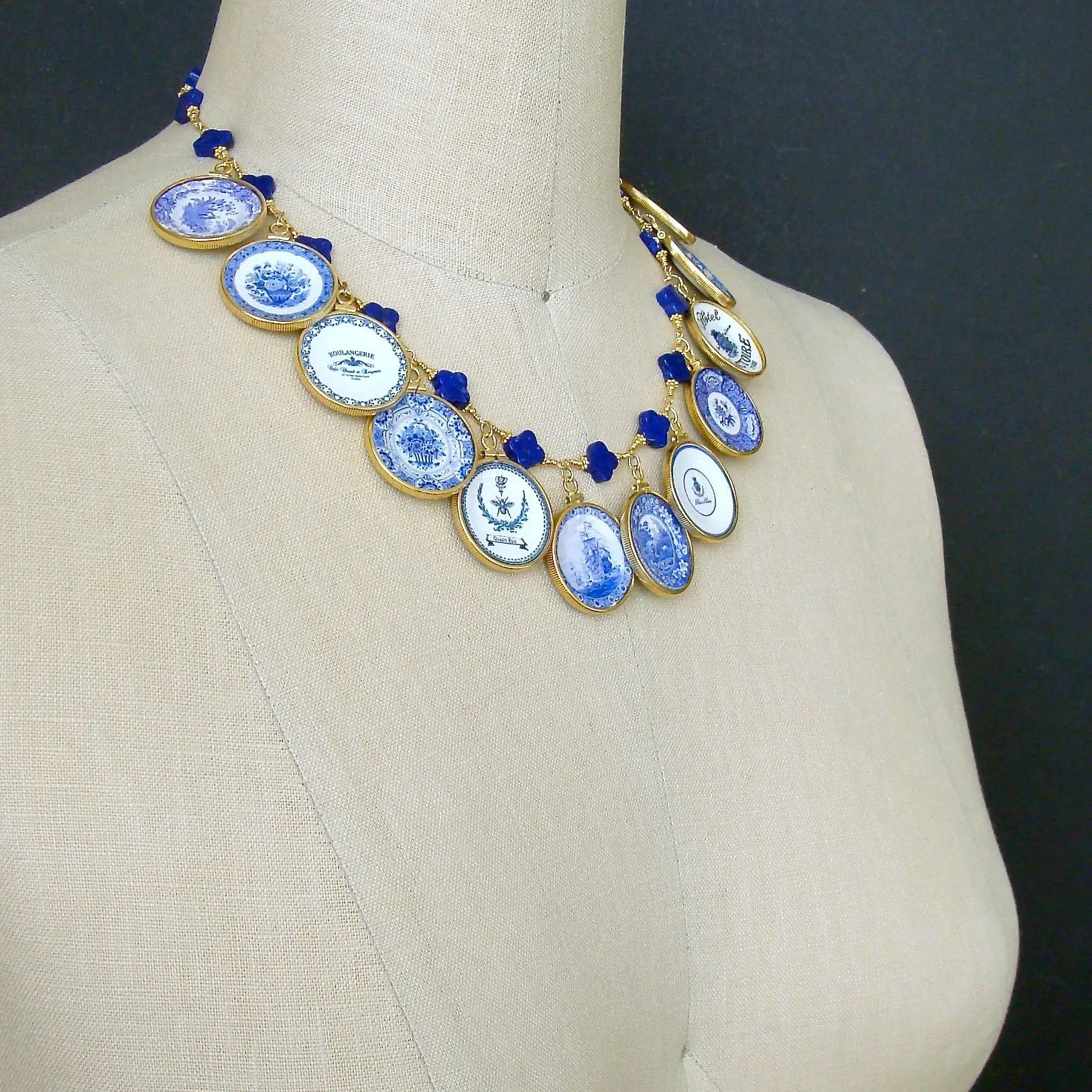 Lapis Quatrefoils Miniature Plates Charm Necklace - China Doll Blue White Necklace