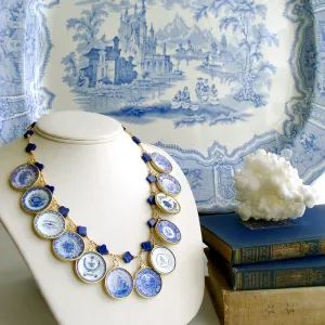 Lapis Quatrefoils Miniature Plates Charm Necklace - China Doll Blue White Necklace