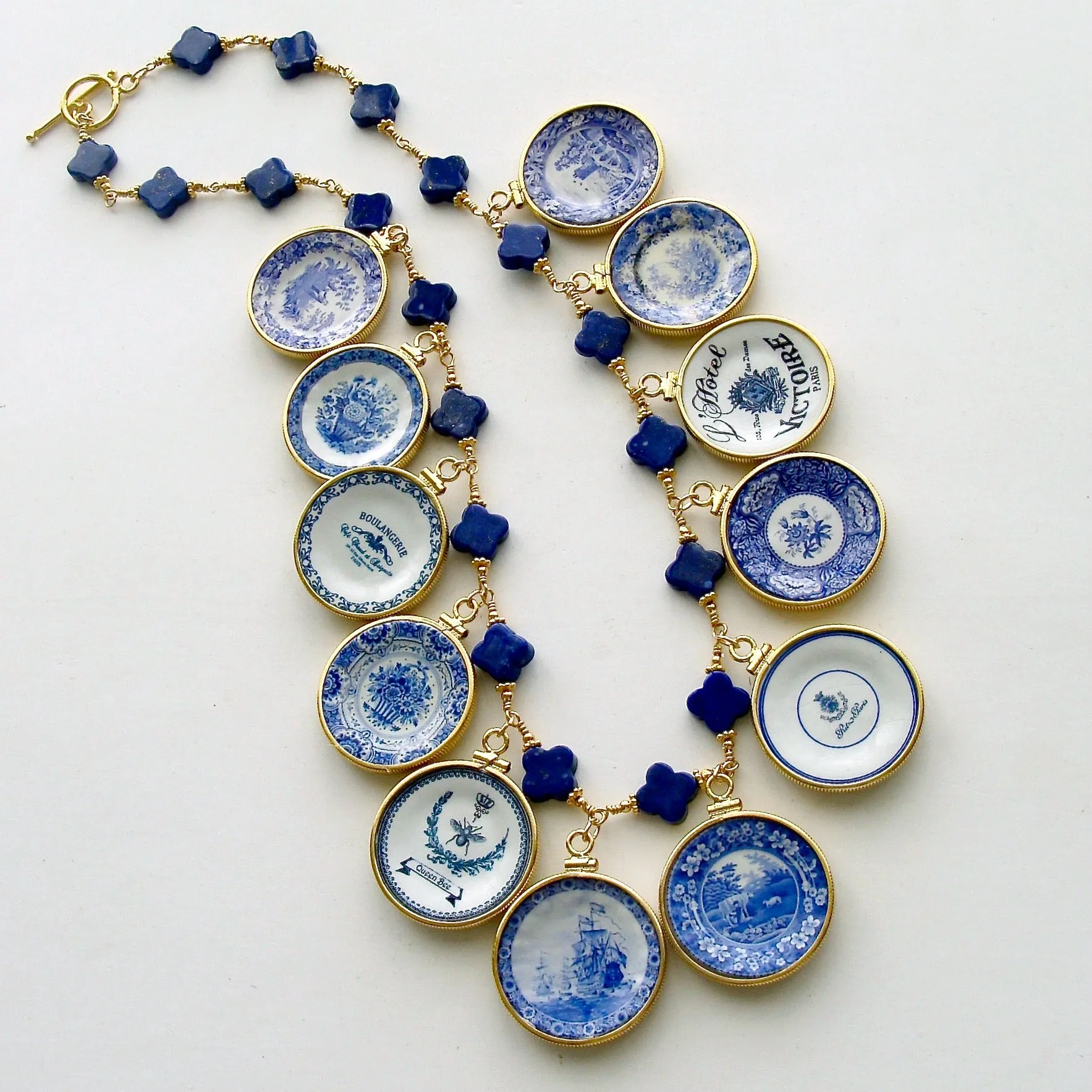 Lapis Quatrefoils Miniature Plates Charm Necklace - China Doll Blue White Necklace
