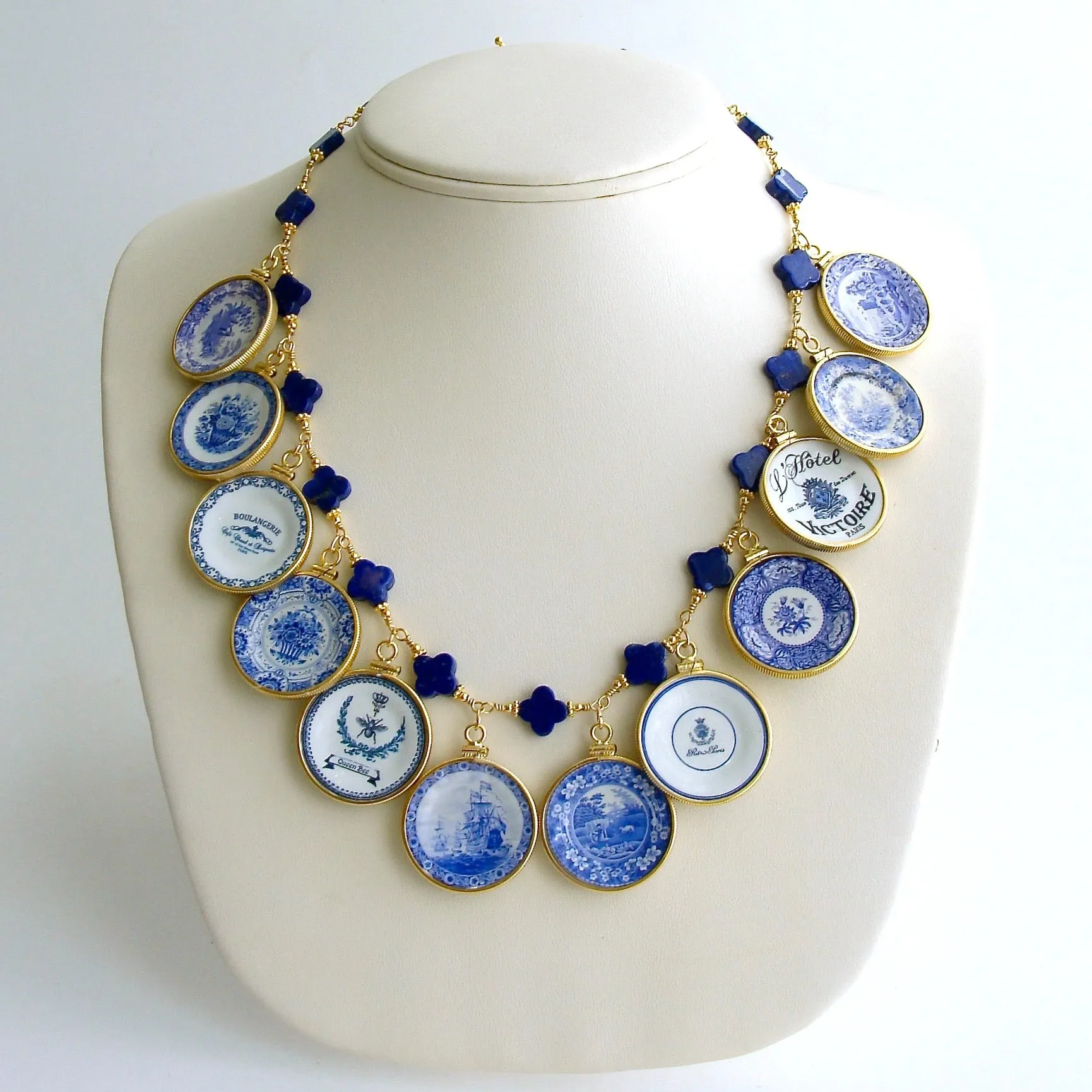 Lapis Quatrefoils Miniature Plates Charm Necklace - China Doll Blue White Necklace
