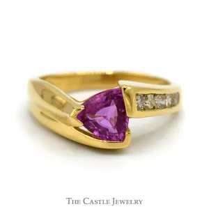 Le Vian Trillion Cut Pink Sapphire Ring with Channel Set Diamond Accents in 18k Yellow Gold Bypass Mounting