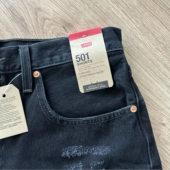 LEVI'S 501 High Rise‎ Black Denim Distressed Cutoff Shorts