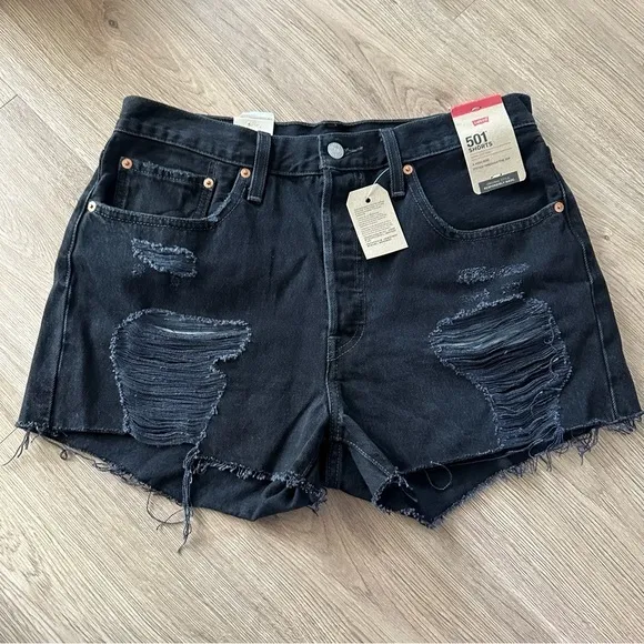 LEVI'S 501 High Rise‎ Black Denim Distressed Cutoff Shorts