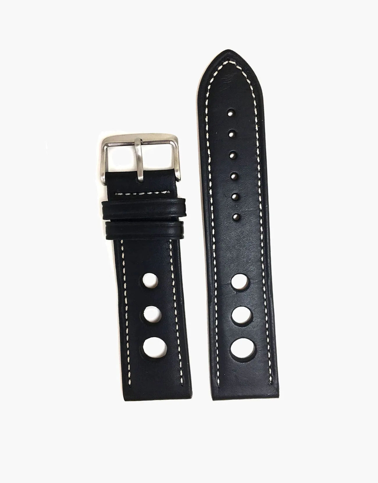 LUX Grand Prix Rally Calf Leather Strap Black with White Stitching