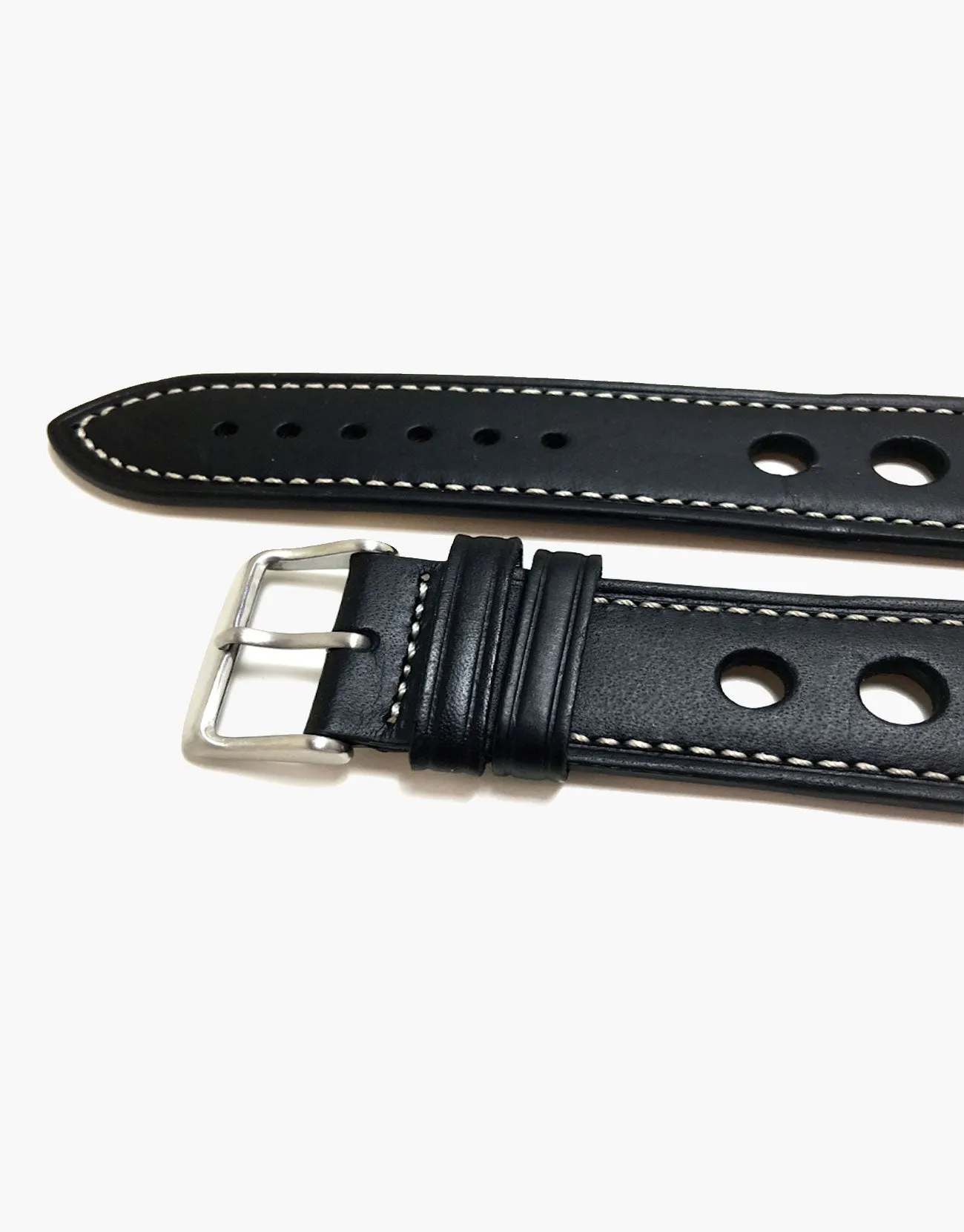 LUX Grand Prix Rally Calf Leather Strap Black with White Stitching