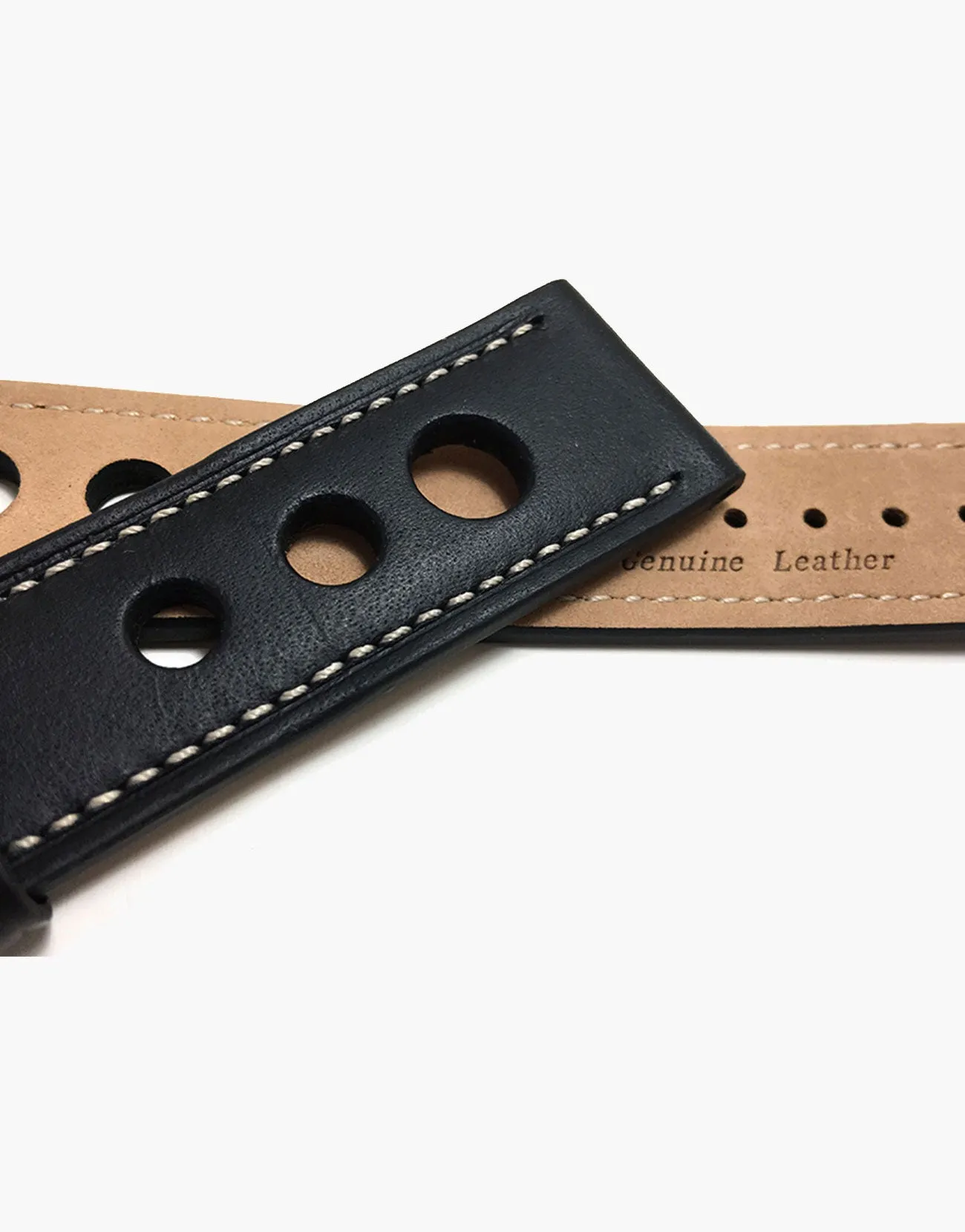LUX Grand Prix Rally Calf Leather Strap Black with White Stitching