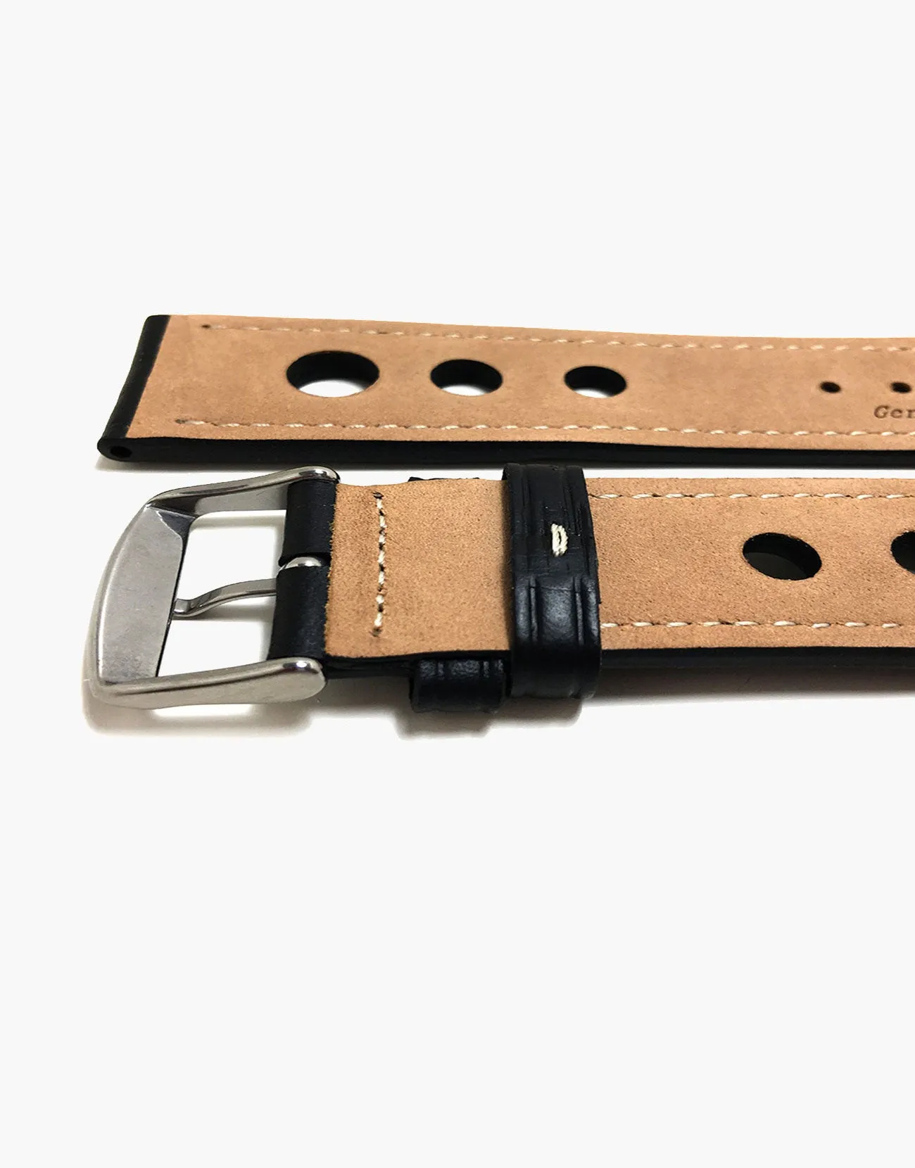 LUX Grand Prix Rally Calf Leather Strap Black with White Stitching