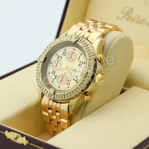 Men 14K Gold PT Round Bezel Metal Band Watch 10mm Gold Miami Cuban Bracelet H82G