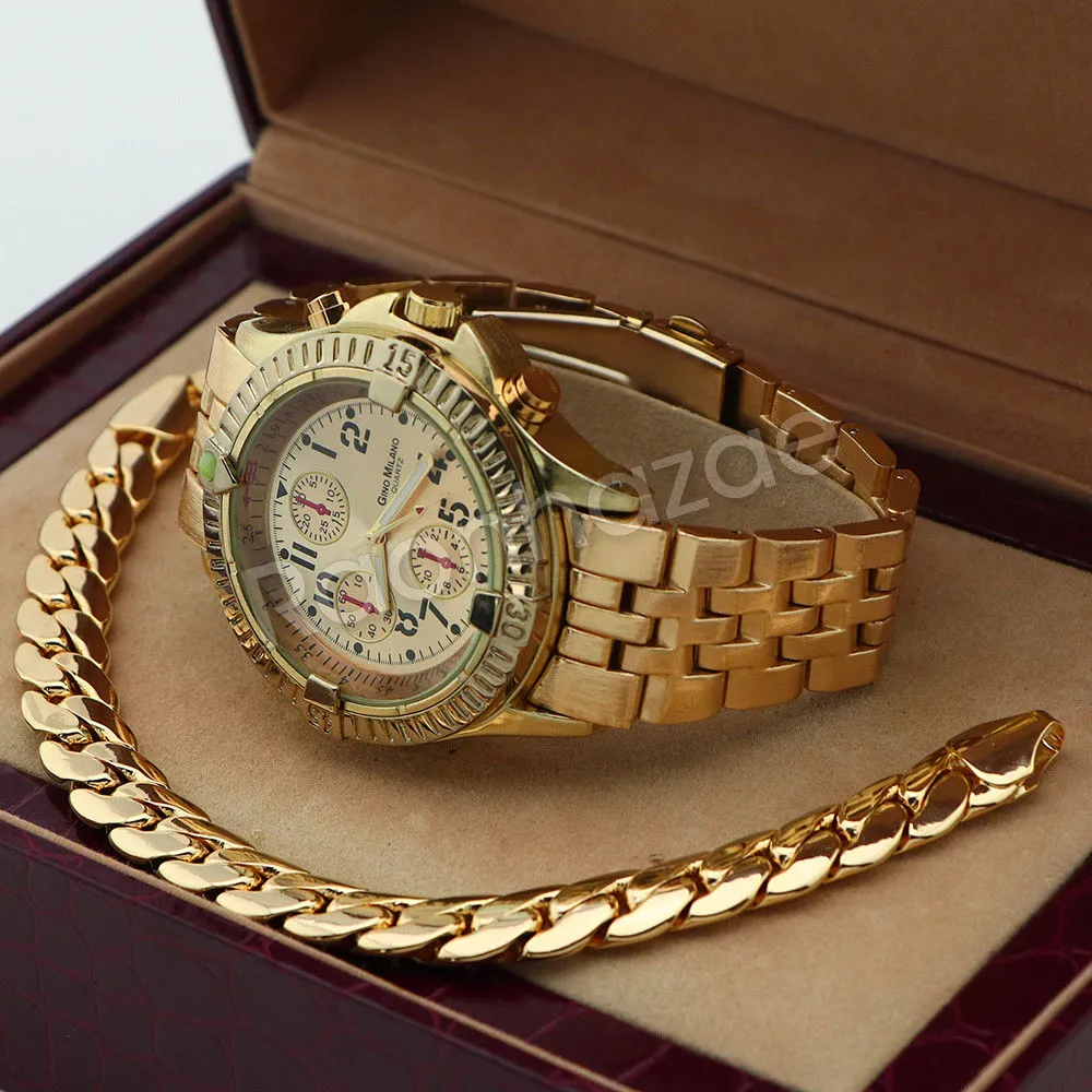 Men 14K Gold PT Round Bezel Metal Band Watch 10mm Gold Miami Cuban Bracelet H82G