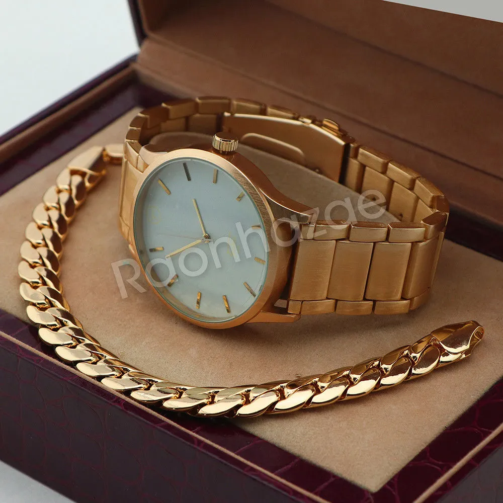 Men 14K Gold PT Round Bezel Metal Band Watch 10mm Gold Miami Cuban Bracelet H83G