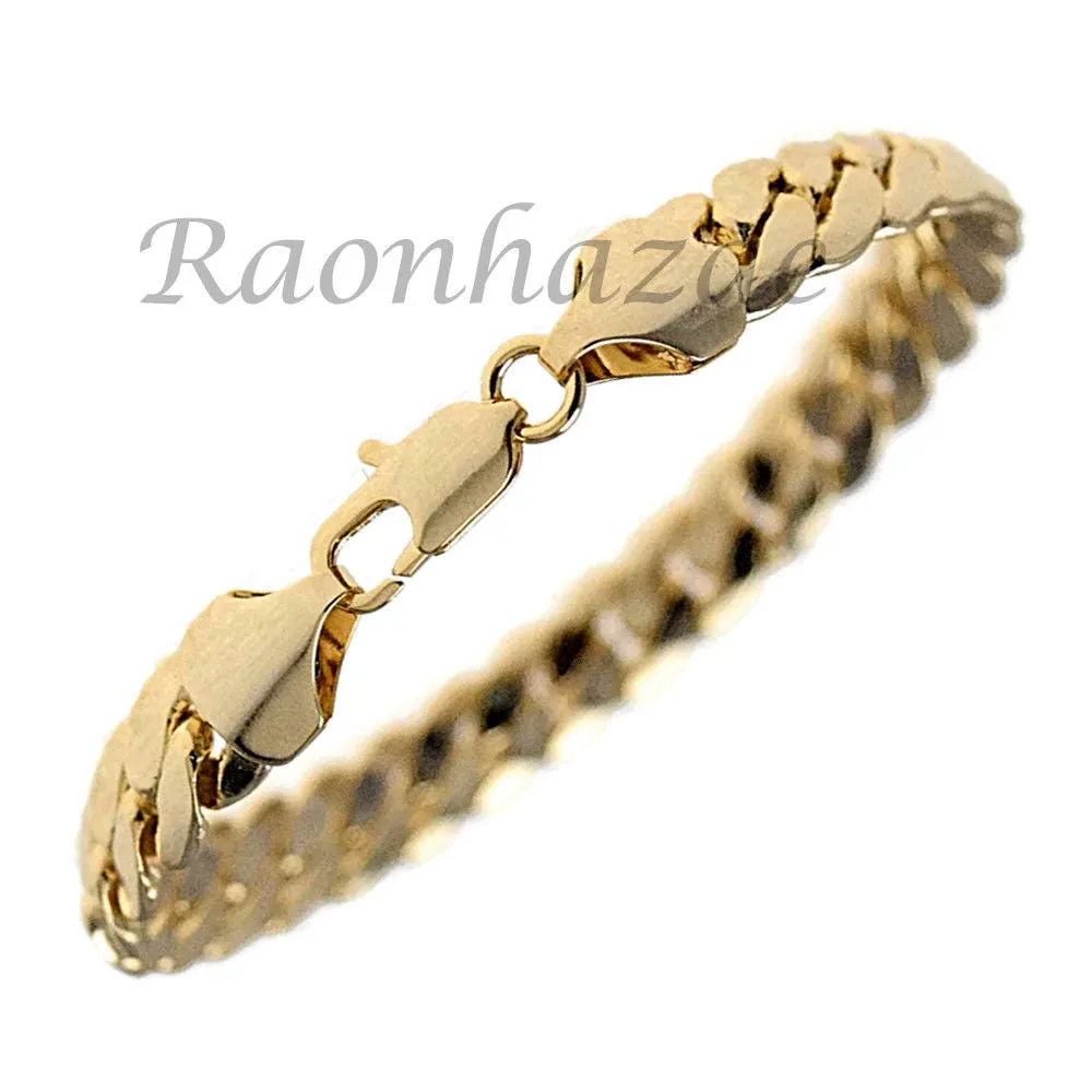Men 14K Gold PT Round Bezel Metal Band Watch 10mm Gold Miami Cuban Bracelet H83G