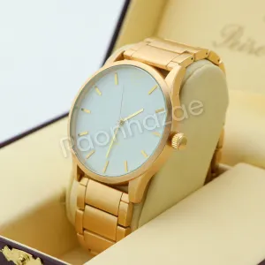 Men 14K Gold PT Round Bezel Metal Band Watch 10mm Gold Miami Cuban Bracelet H83G