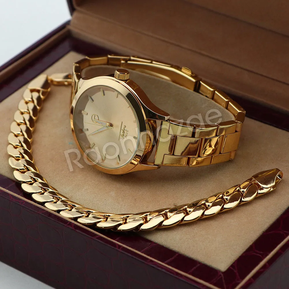 Men 14K Gold PT Round Bezel Metal Band Watch 10mm Gold Miami Cuban Bracelet H84G