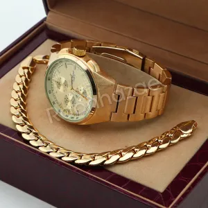 Men 14K Gold PT Round Bezel Metal Band Watch 10mm Gold Miami Cuban Bracelet H85G