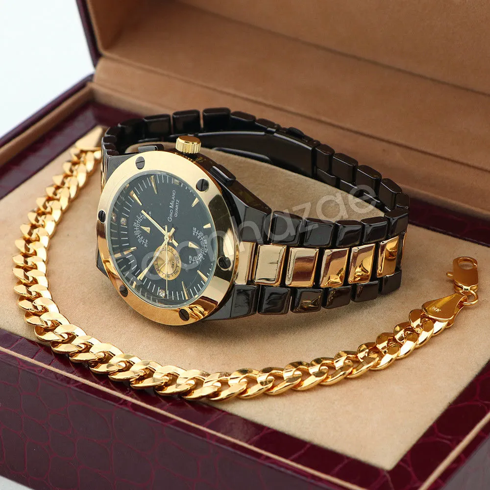 Men Jet Black PT Round Bezel Metal Band Watch Diamond Cut Gold Cuban Bracelet 97