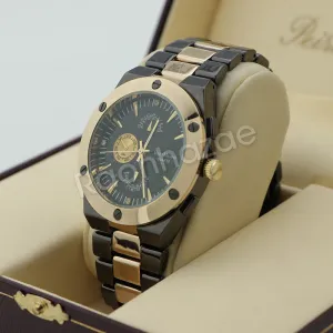 Men Jet Black PT Round Bezel Metal Band Watch Diamond Cut Gold Cuban Bracelet 97
