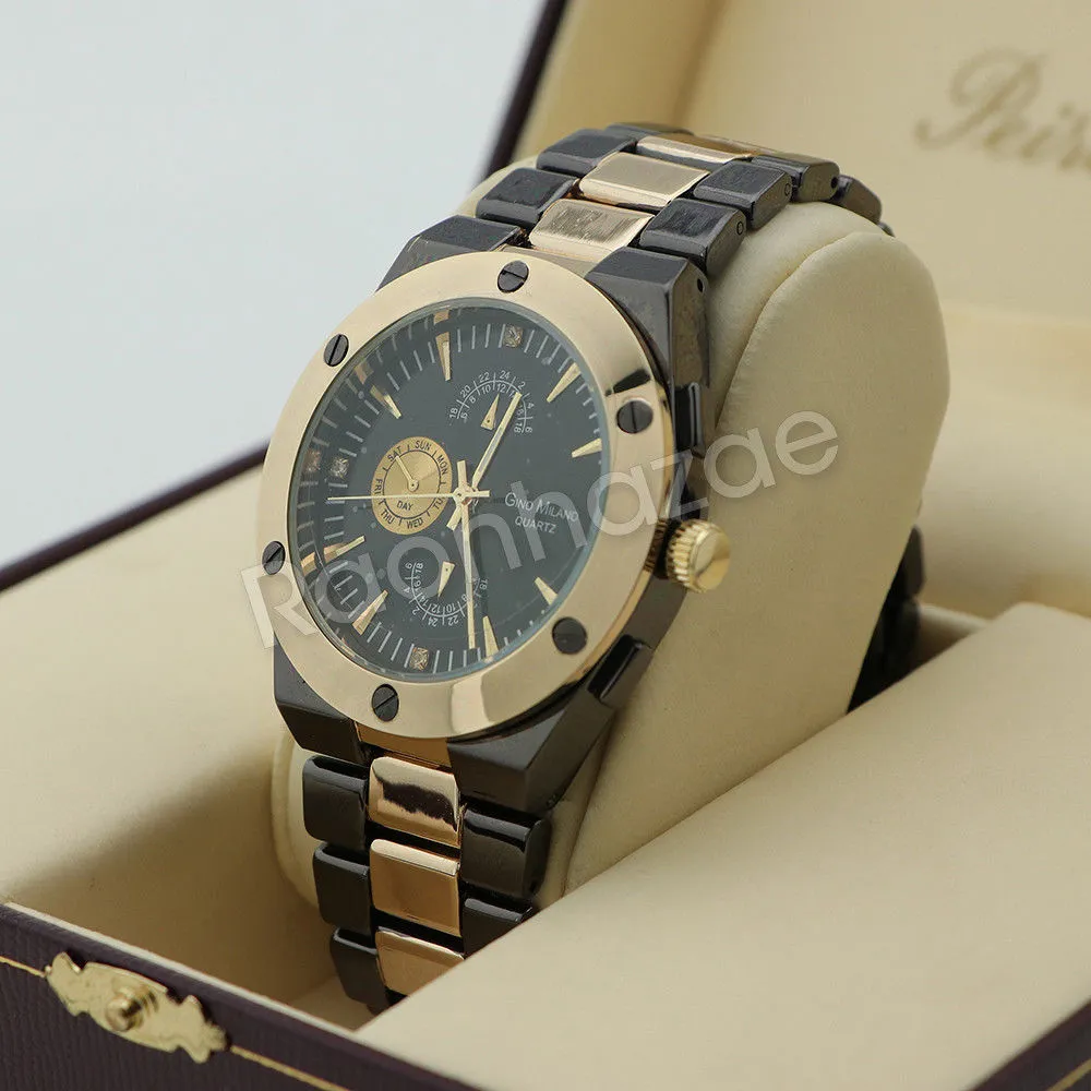 Men Jet Black PT Round Bezel Metal Band Watch Diamond Cut Gold Cuban Bracelet 97