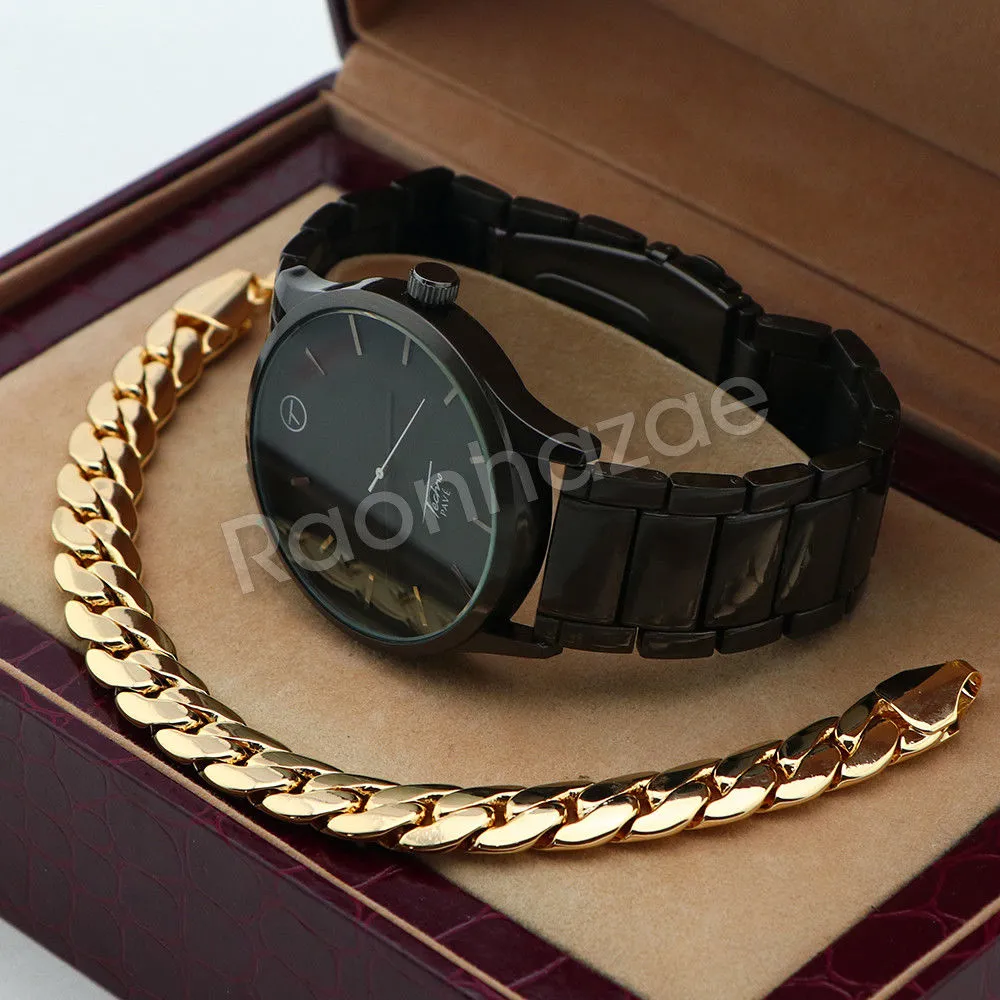 Men Jet Black Round Bezel Metal Band Black Watch 10mm Miami Cuban Bracelet H79