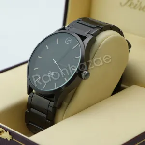 Men Jet Black Round Bezel Metal Band Black Watch 10mm Miami Cuban Bracelet H79