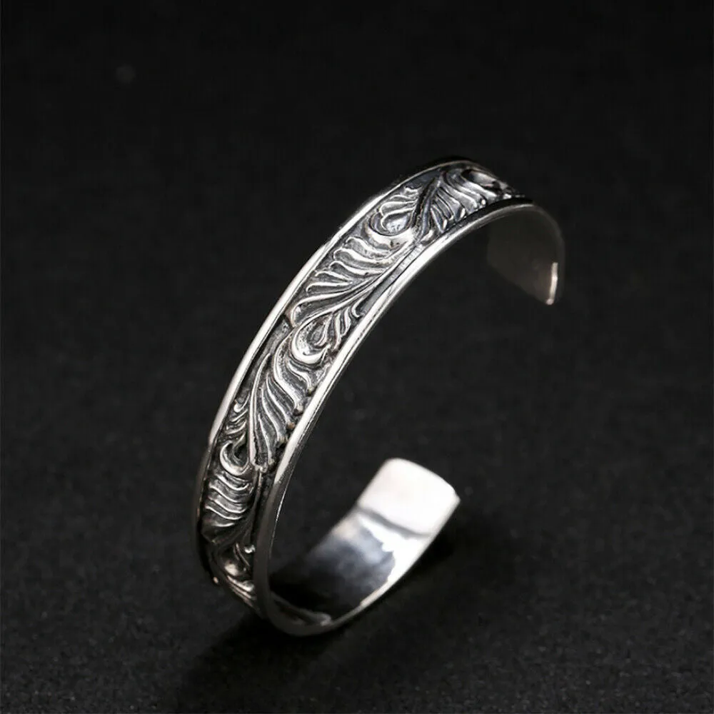 Men's Real Solid 925 Sterling Silver Cuff Bracelet Bangle Leaf Pattern Fashion Punk Jewelry