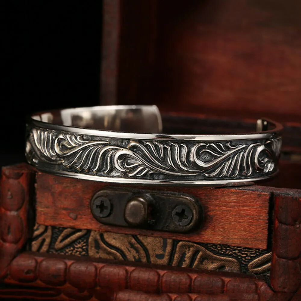 Men's Real Solid 925 Sterling Silver Cuff Bracelet Bangle Leaf Pattern Fashion Punk Jewelry