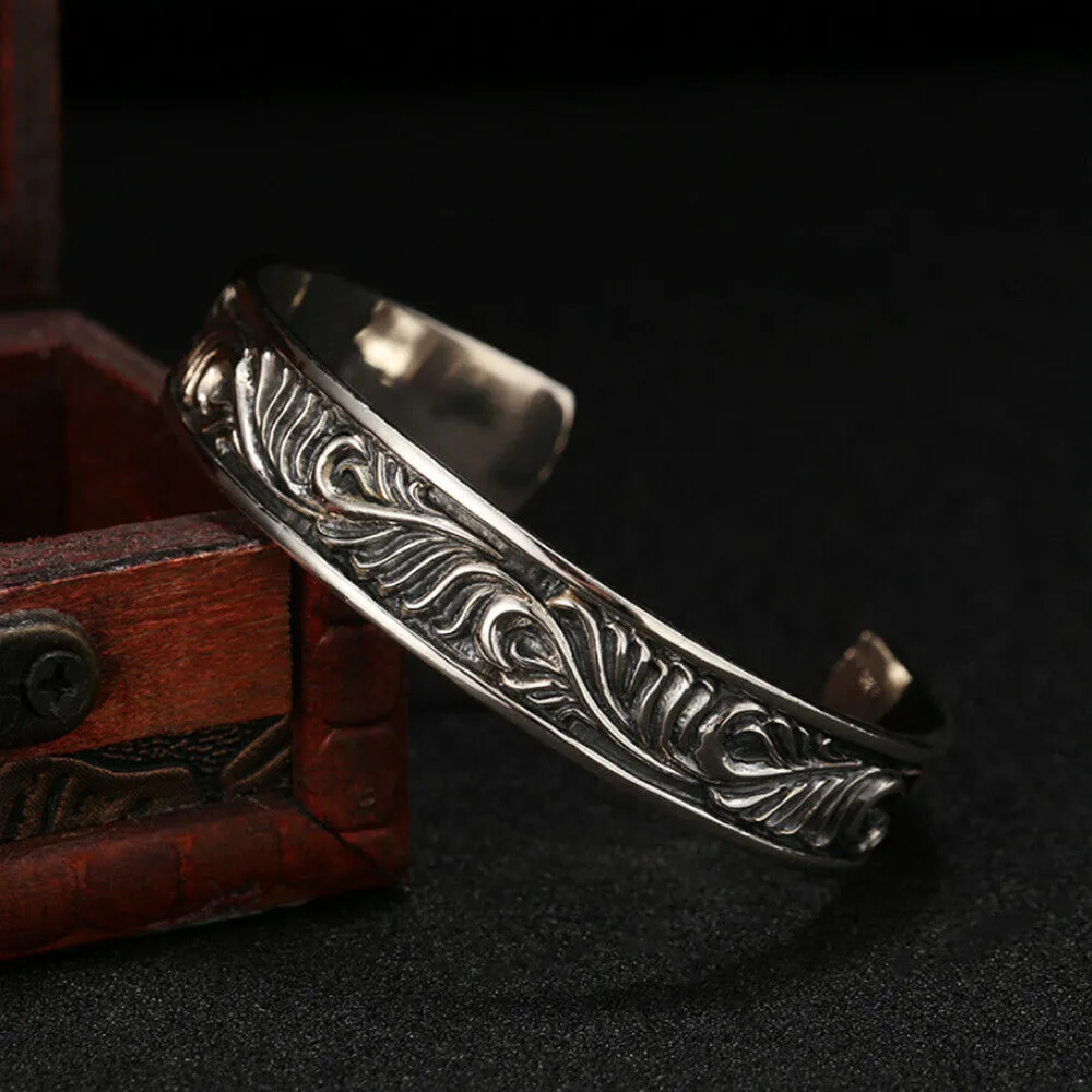 Men's Real Solid 925 Sterling Silver Cuff Bracelet Bangle Leaf Pattern Fashion Punk Jewelry